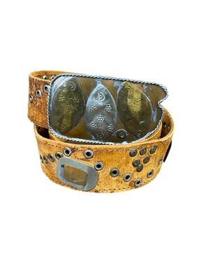 Distressed Brown Leather Belt Vintage  With Metal Studs & Fish Design Buckle